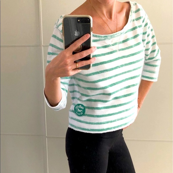 HOLLISTER XS Green White Striped Cropped Pullover